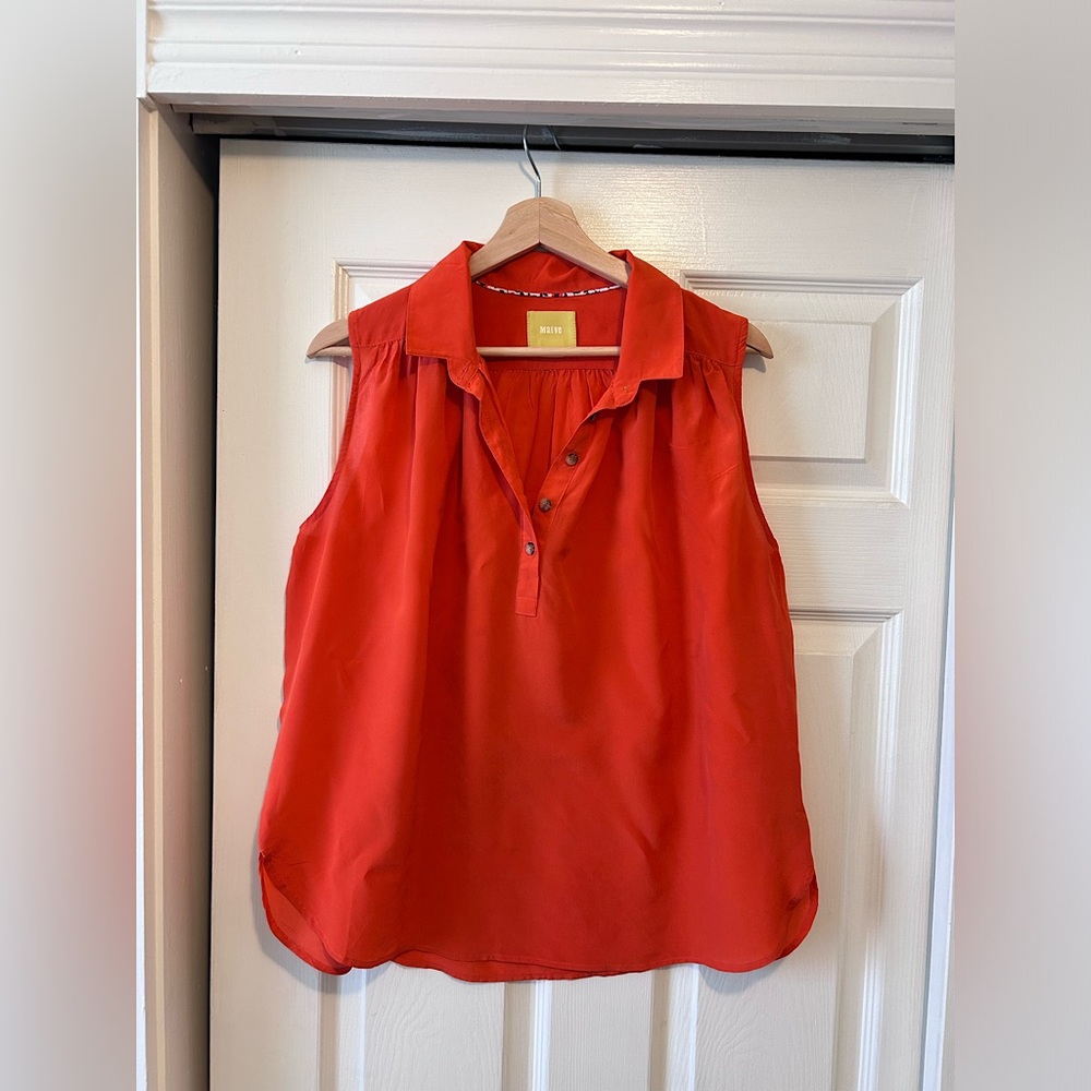 Sleeveless, silk, reddish-orange blouse